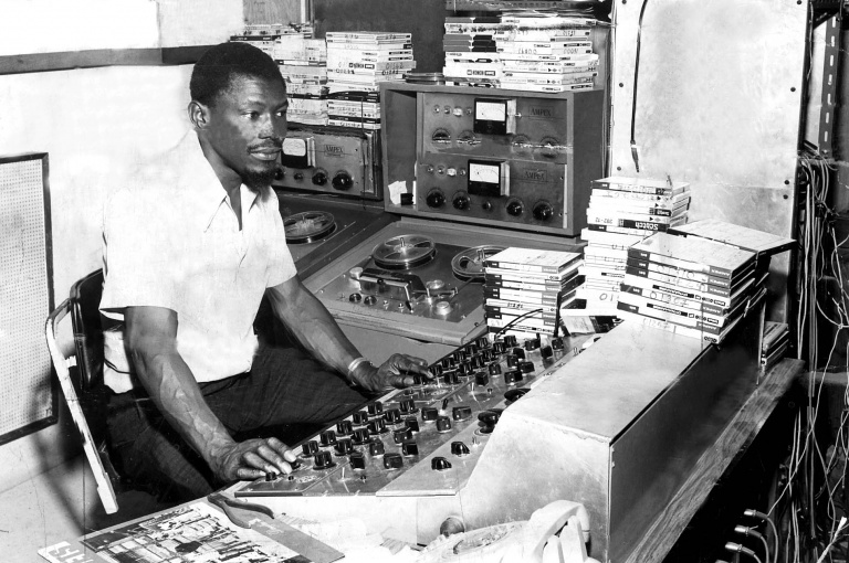 Coxsone Dodd in a Jamaican recording studio