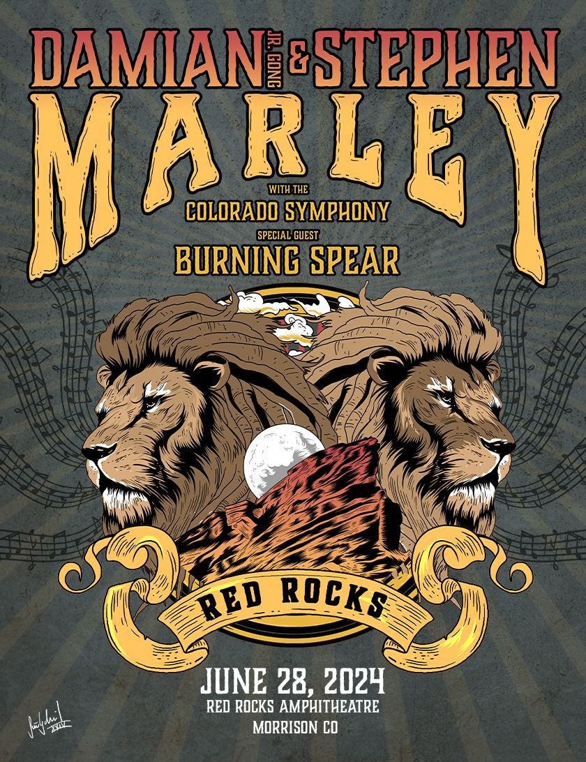 Flyer for AEG Presents Damian Jr. Gong Marley & Stephen Marley w the Colorado Symphony at Red Rocks