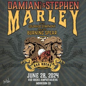 Flyer for AEG Presents Damian "Jr. Gong" Marley & Stephen Marley w the Colorado Symphony at Red Rocks