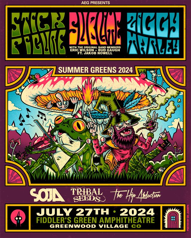 Stick Figure, Sublime, and Ziggy Marley with Soja, Tribal Seeds, & The Hip Abduction concert flyer for Fiddlers Green Amphitheater in Denver, CO on July 27, 2024