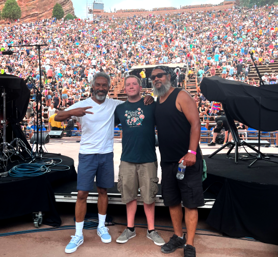 The Mashup Reggae band poses for a photo before their set at Red Rocks Amphitheater in Morrison, Colorado