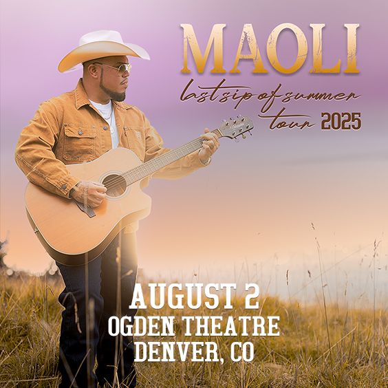 Maoli poses with a guitar in country western clothes with on a flyer advertising his August 2nd 2025 show at The Ogden Theatre in Denver, CO