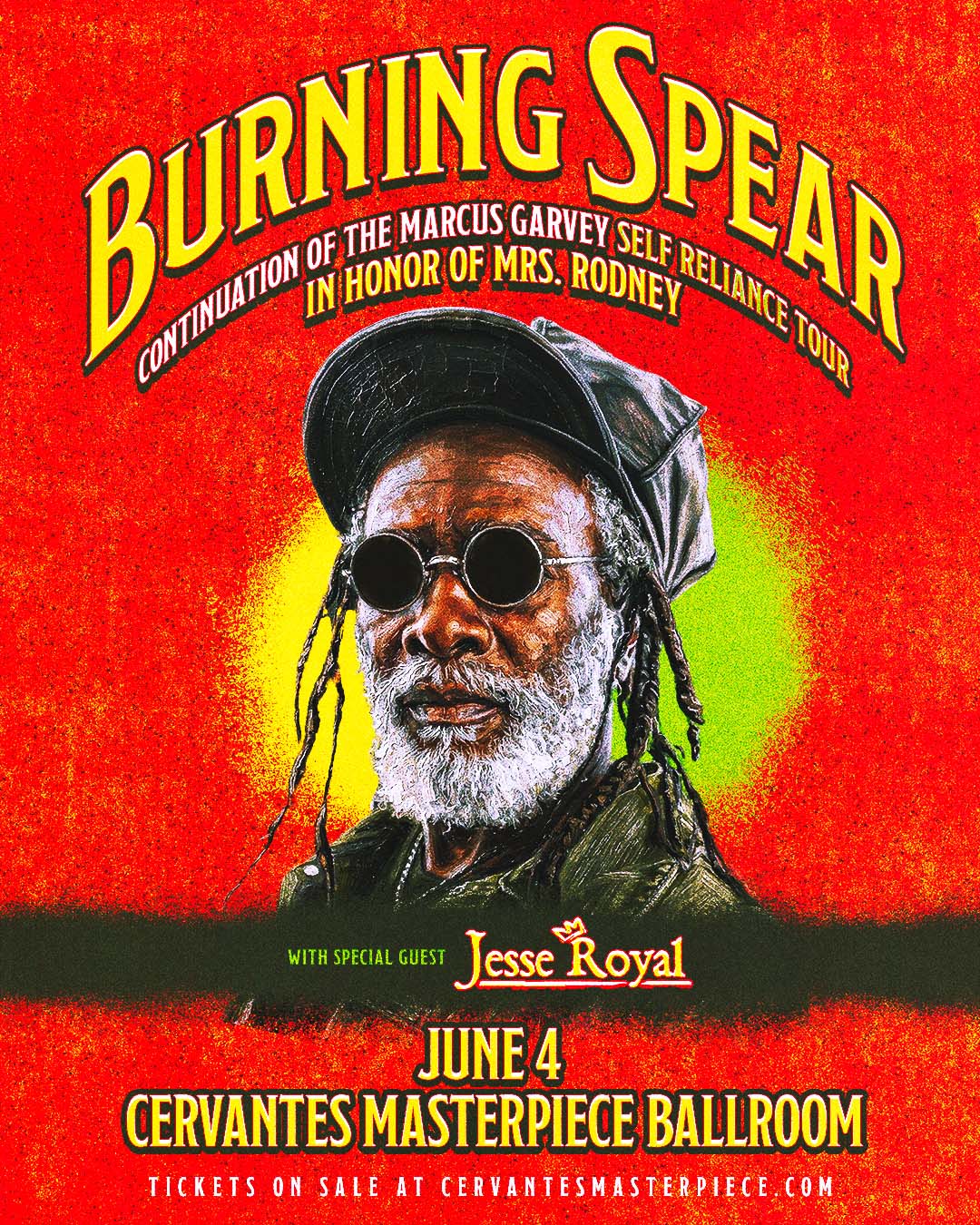 Burning Spear with Jesse Royal at Cervantes Masterpiece Ballroom in Denver, CO, on June 4, 2026, concert flyer